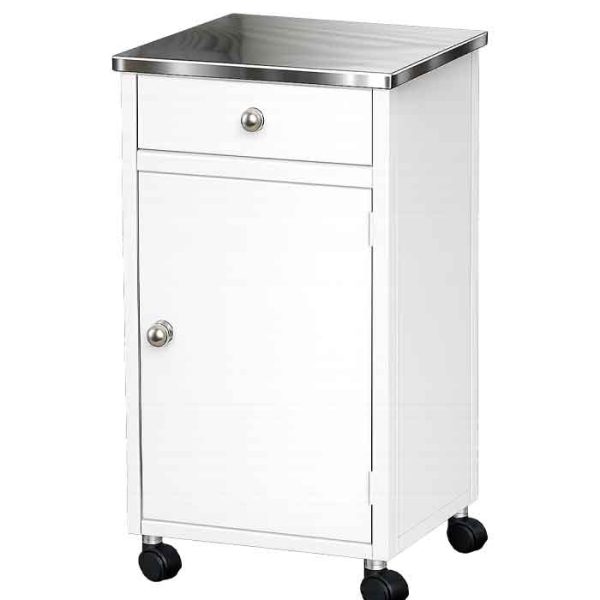 Mesa de Cabeceira | Tampo Inox, 1 Gaveta e Rodízios